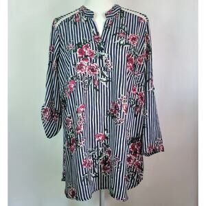 Liberty Love Navy Blue Stripe with Pink Floral Print Womens Top Blouse Sz: 1XL